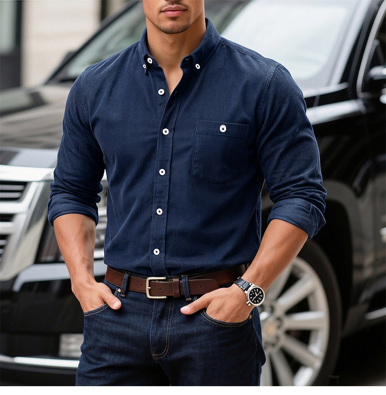 Men's Solid Color Corduroy Long-sleeve Shirt Jacket With Pockets_voghion.com