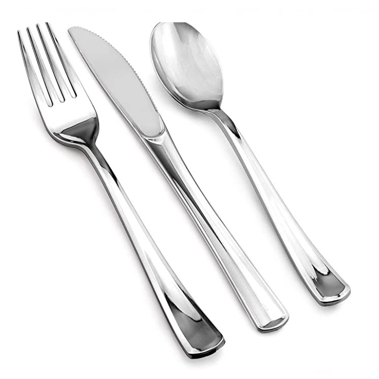 Plastic Electroplated Stainless Steel Disposable Knife, Fork and Spoon Set Western Food Silver Knife, Fork and Spoon Wild Tableware Three-piece Set Cross-Border Plastic Electroplated Stainless Steel Disposable Knife, Fork and Spoon Set Western Food Silver Knife, Fork and Spoon Wild Tableware Three-piece Set Cross-Border