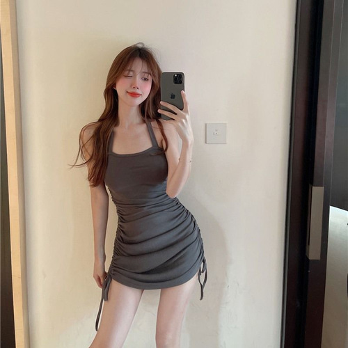 Pure Desire Style Hot Girl Sexy Neckless Dress for Women - Summer  New Arrival Fitted Drawstring Strappy Bustier Short Skirt