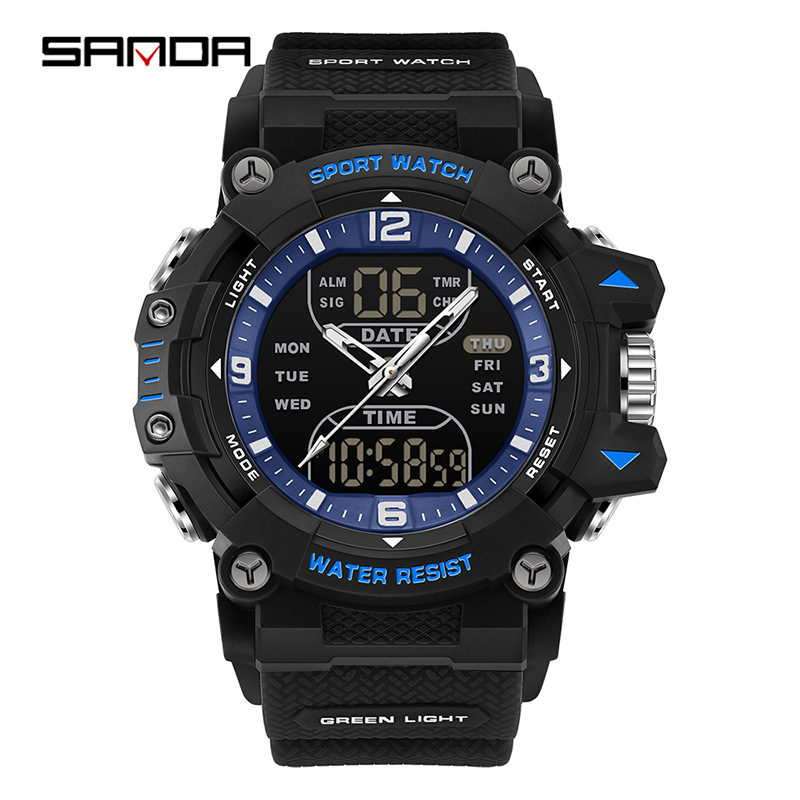 SANAD Sanda Dual Display Deportivo Estudiante Multifuncional Luz Nocturna Tres Destinados Reloj de pulsera Reloj electrónico de segmento impermeable