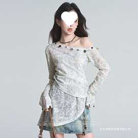 2026春夏款海边度假风甜美辣妹新款斜肩上衣设计小衫蕾丝图片色