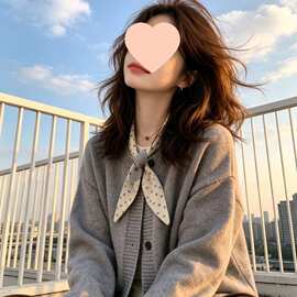 温柔风韩系气质蝴蝶结针织衫毛衣女新款秋季长袖拼接百搭开衫上衣