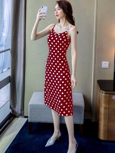 2025 Summer Dress for Women Vintage Polka Dot Sexy Elegant Knee-Length Medium-Length Dress Neckless Tank Top Dress