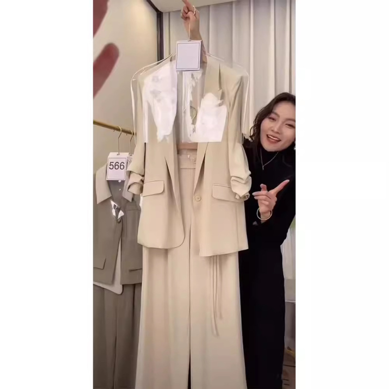 2477 Plus-Size Women's Professional High-End Style Full Set of Thin Shoulder-Cut Suits for Fat Women, Age-Reducing Wide-Leg Pants Set
