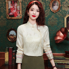 高品質減齢中年女性新中国式国風上着女性改良チャイナドレスジャカードサテン盤ボタンシャツ