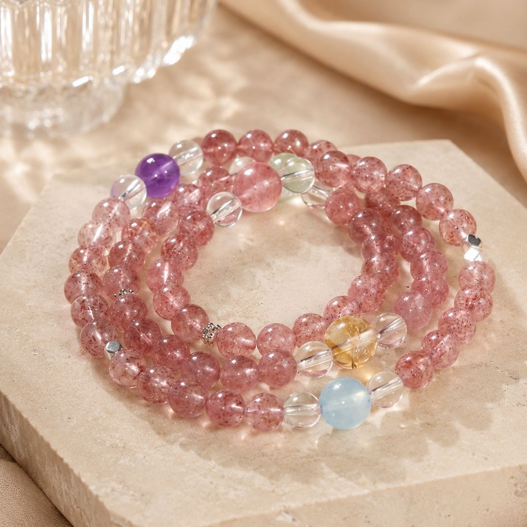 New Chinese style strawberry crystal multi-strand bracelet with multi-gem crystal beads, simple and gentle women's round bead jewelry.