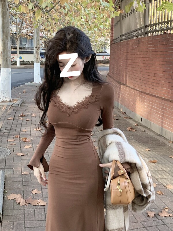 春季新款长袖拼接鱼尾连衣裙女打底黑色蕾丝收腰修身气质裙子长裙|undefined