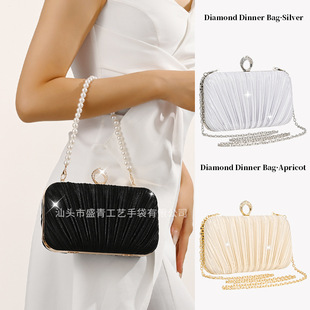 Cross-border Evening Bag European and American Diamond Ring Pleated Women's Square Pleated Clutch Bag Celebrity Dress Pearl Evening Bag