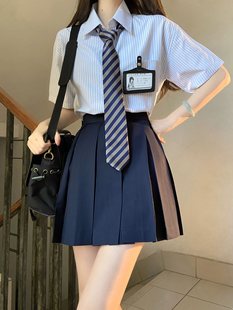 Original Jk Shirt Top for Women, Blue Striped Short-Sleeve Loose Shirt, Cyan Box Pleated Skirt Set, Versatile and Slimming for Summer