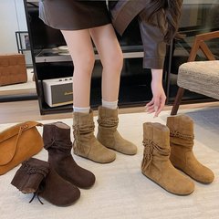 短靴女款2025新款秋季复古百搭流苏绑带舒适显瘦棕色流行休闲短靴