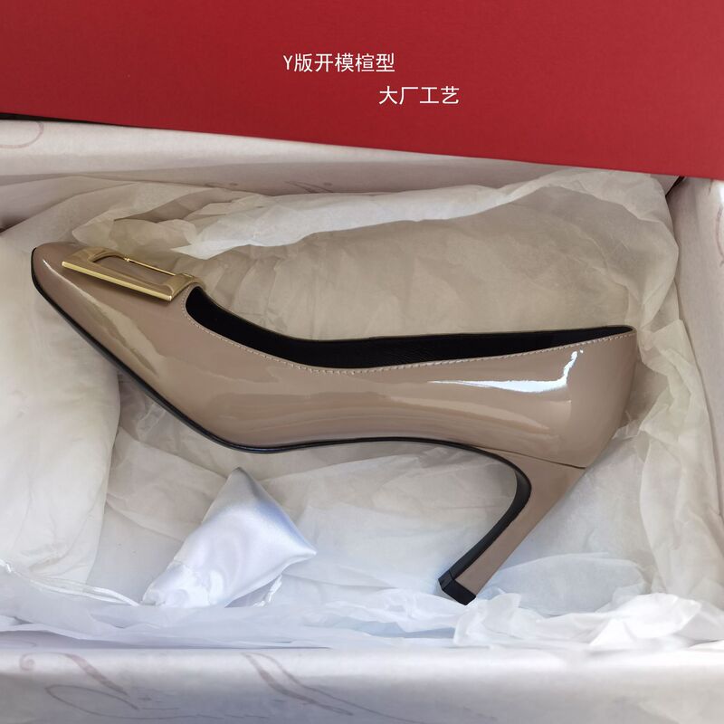 Top Version R Brand Women's High Heels, Patent Leather Square Toe, Ivory Gray Wedding Shoes with Metal Square Buckle