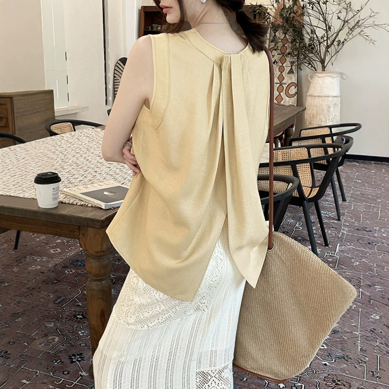 Hoo Summer New French Style Cross-Back Design Casual Chic Commuter Versatile A-Line Sleeveless Shirt Csa7124