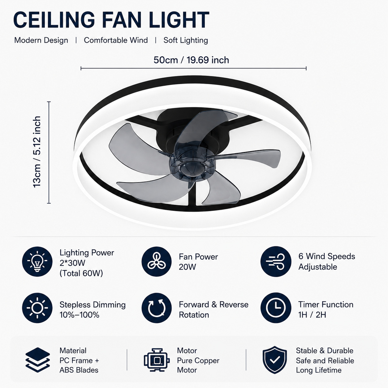 Ventilador de Techo con Luz de Acrílico y ABS, Control Remoto, Control por App, para Dormitorio y Comedor