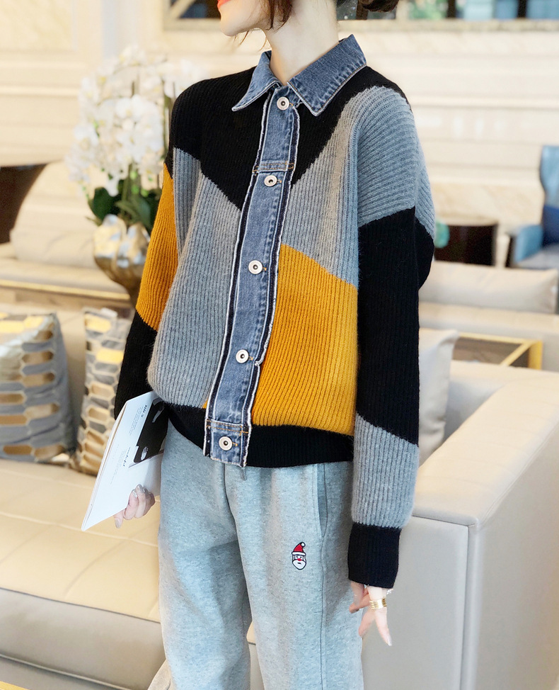 Women's Clothing 2023 autumn new version long sleeved lapel color matching two piece cardigan women's jacket denim_voghion.com