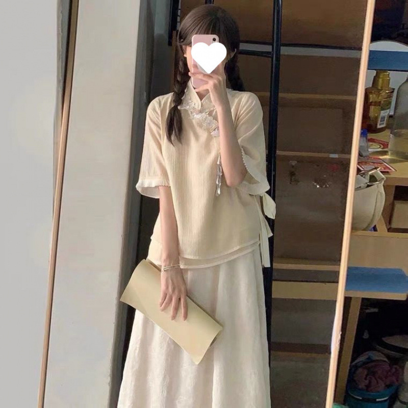 新しい中国風のトップスとスカートのツーピーススーツ夏改良された漢服漢要素の優しいドレス|undefined
