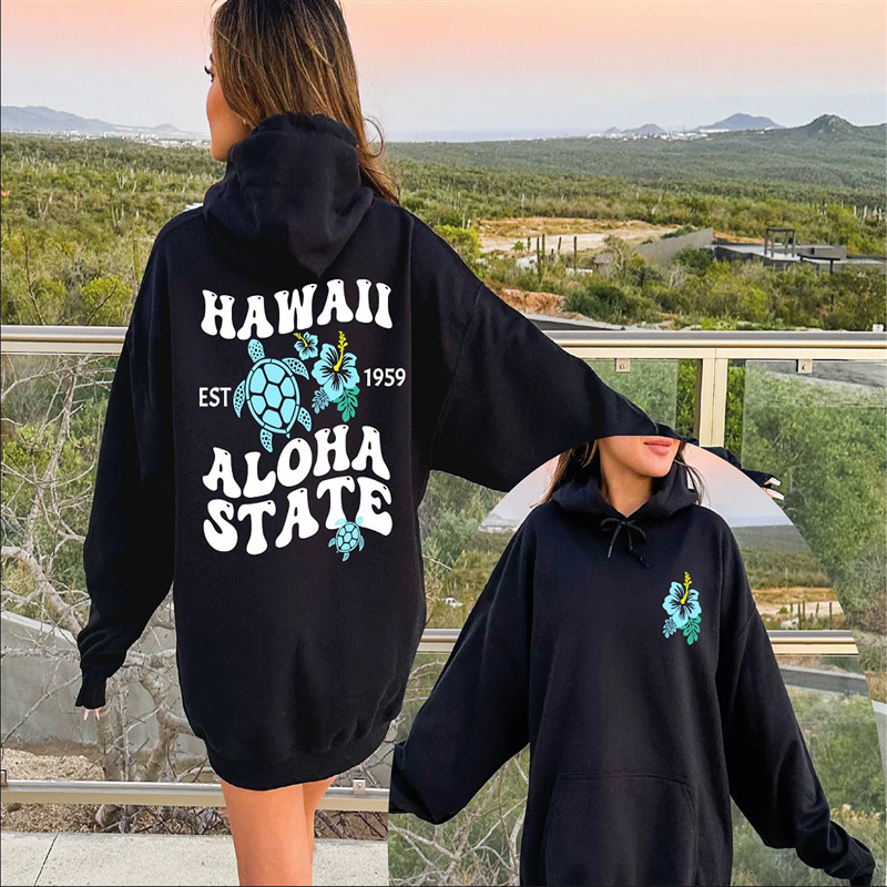 Cross-Border New European Size Women's Dropped Shoulder Sleeves Threaded Hawaiian Beach Sports Sweatshirt Hoodie Printing Ready Stock