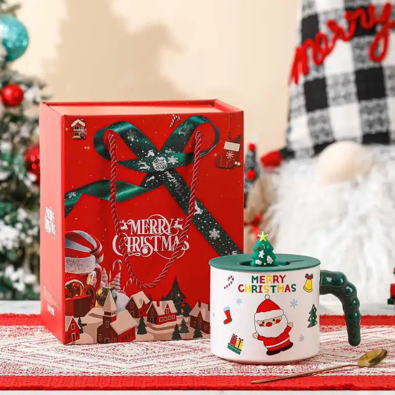 Taza navideña creativa, taza de cerámica con tapa y cuchara, taza para beber, taza de alta gama, taza de gran capacidad con diseño de árbol de Navidad