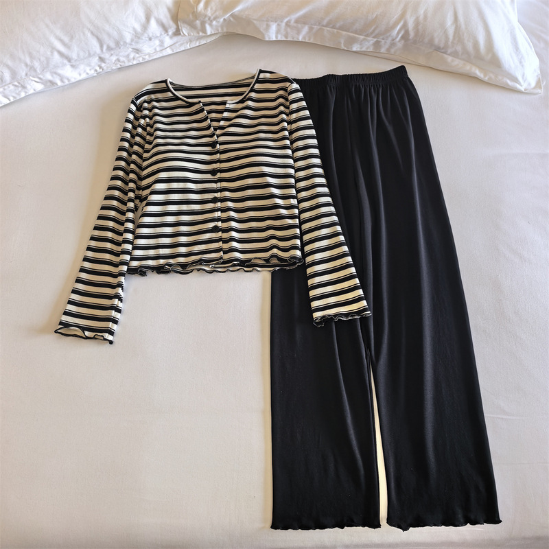 Pajamas with Breast Pads for Women, Spring, Autumn and Winter Pure Cotton Korean Stripesd Long-Sleeved Pants, High-End, Can Be Worn Outside as Home Clothes Pajamas with Breast Pads for Women, Spring, Autumn and Winter Pure Cotton Korean Stripesd Long-Sleeved Pants, High-End, Can Be Worn Outside as Home Clothes