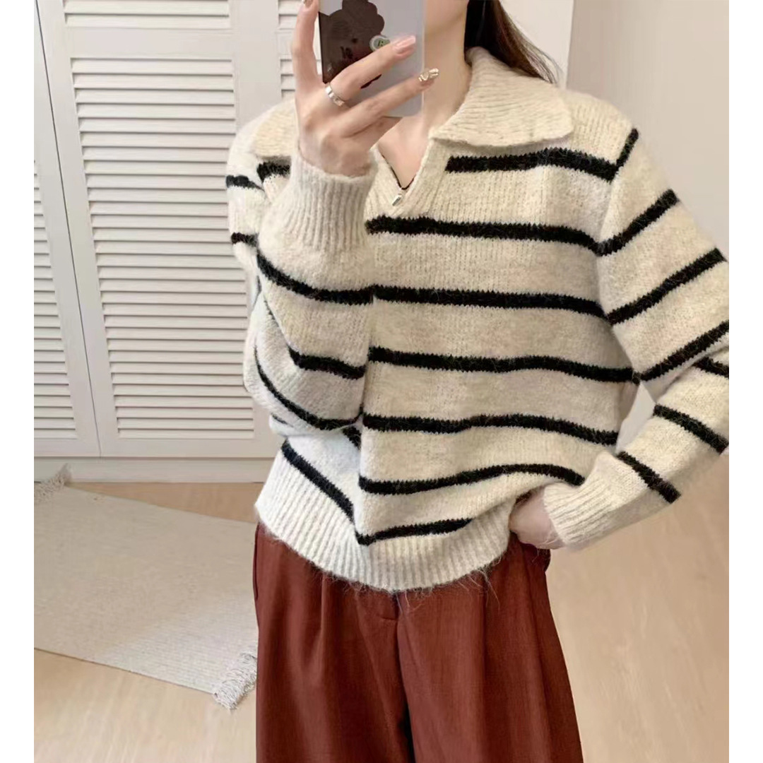 Suéter coreano con solapa para mujeres otoño y invierno nuevo estilo simple con rayas de contraste de color perezosas versátiles sueltas camisetas de punto transfronterizas image 8