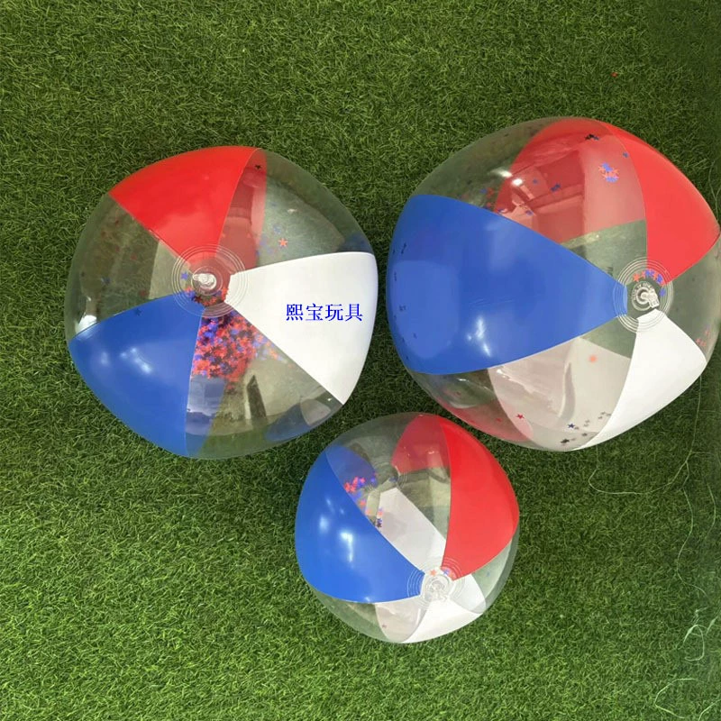 Производитель предлагает оптовые поставки надувных пляжных мячей из ПВХ с разноцветными вставками, различные блестящие мячи, доступны различные размеры.