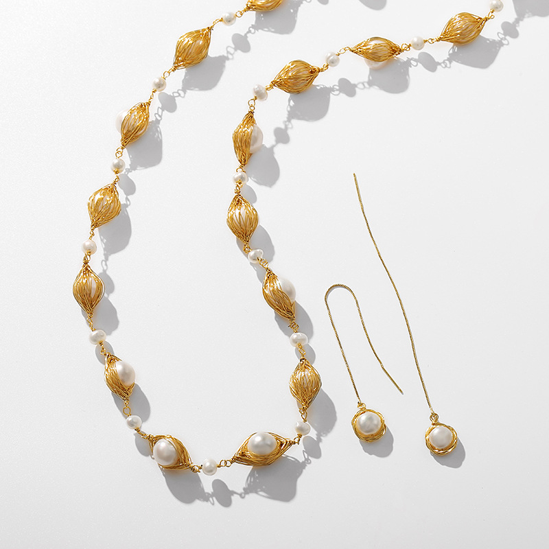 淡水珍珠简约鸟巢设计短款项链圆珠链网红气质时尚高级感耳线耳环