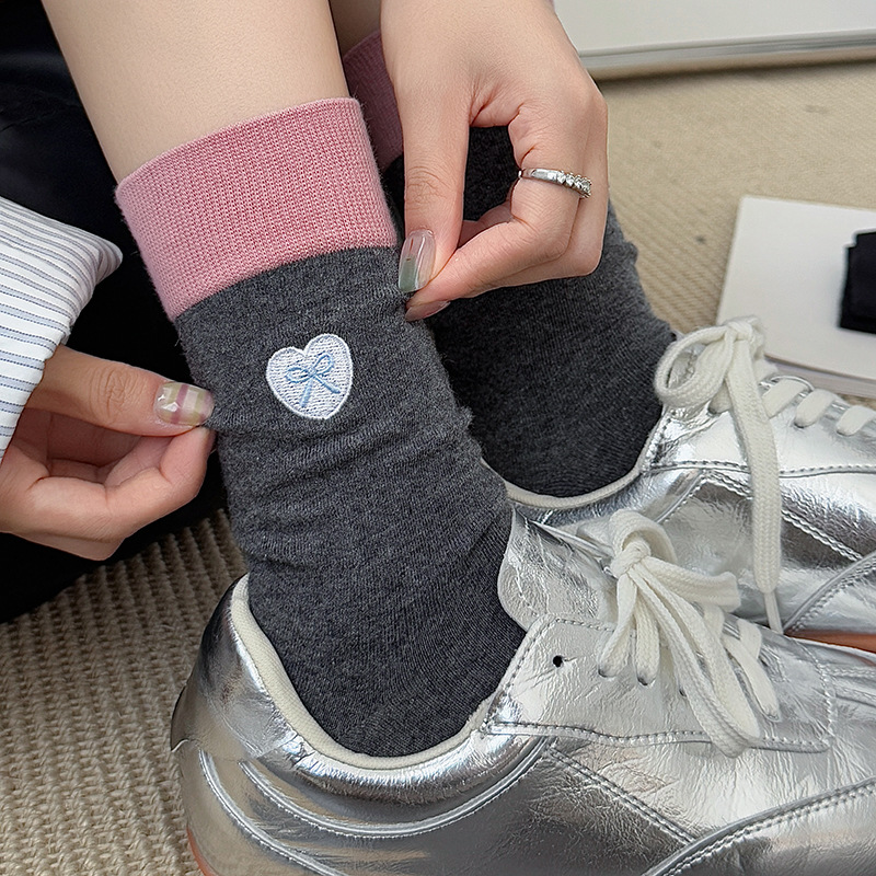 women‘s color matching socks purified cotton loose socks embroidered bow love south korea dongdaemun autumn and winter all cotton mid-calf length socks