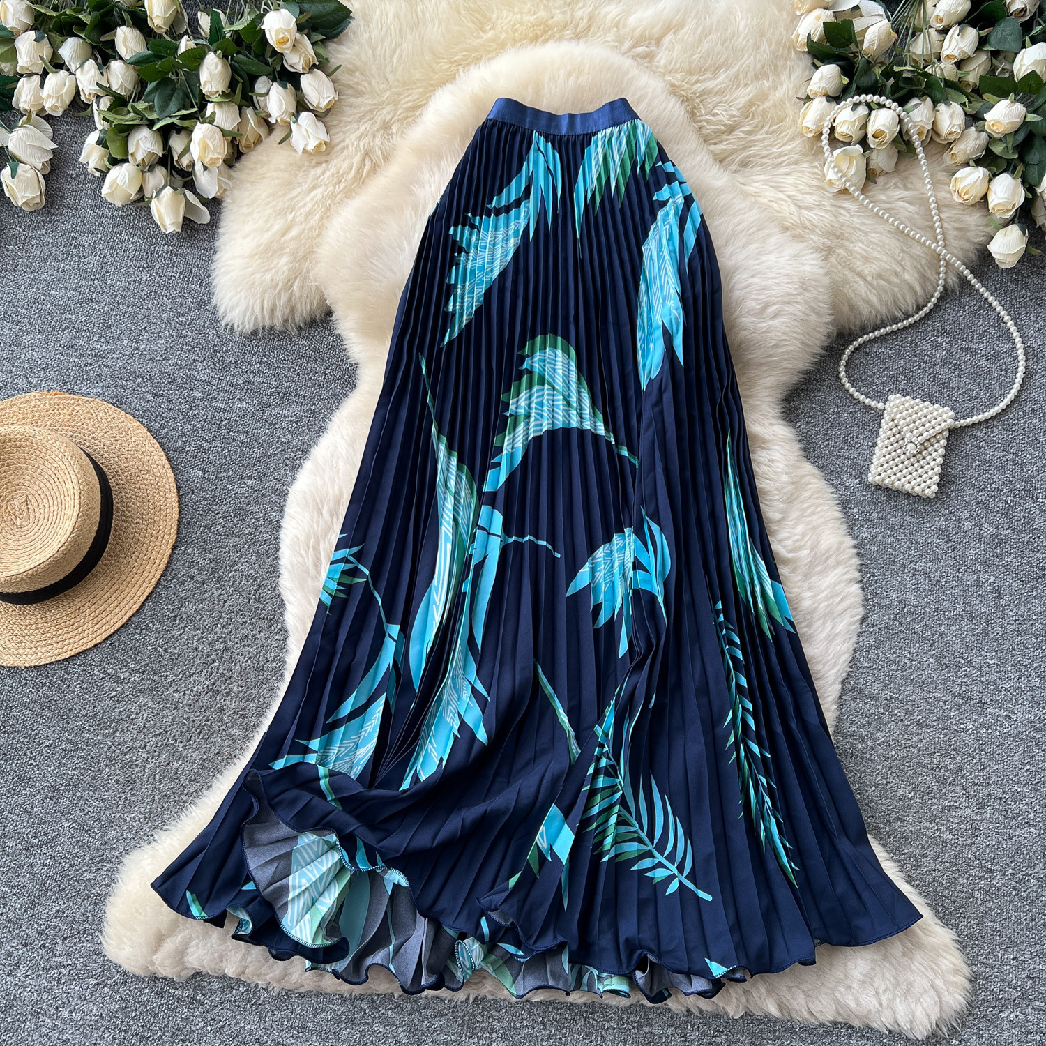 High Waisted Slimming Pleated Midi Skirt for Women French Style Printed A-Line Perfect for Summer Vacation And Work_ecoleips.com