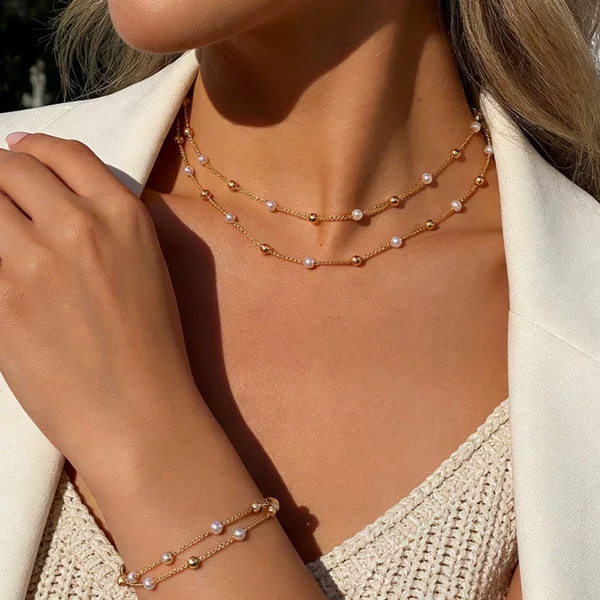 European and American Cross-Border High-End Double-Layered Pearl Bracelet and Necklace Jewelry Wholesale Accessories Women's Jewelry Set Decorations
