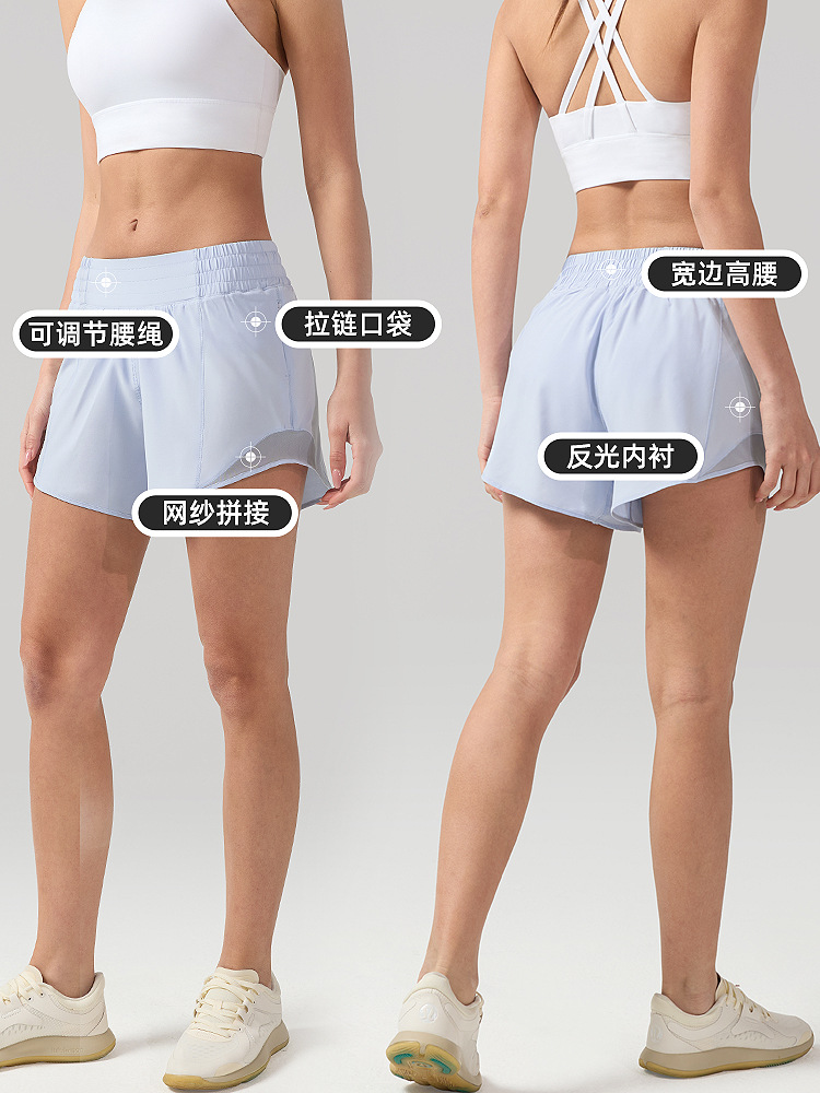 Pantalones cortos deportivos falsos de dos piezas de verano, pantalones de yoga lulu antideslumbrantes para mujer, pantalones cortos de fitness de secado rápido y fresco