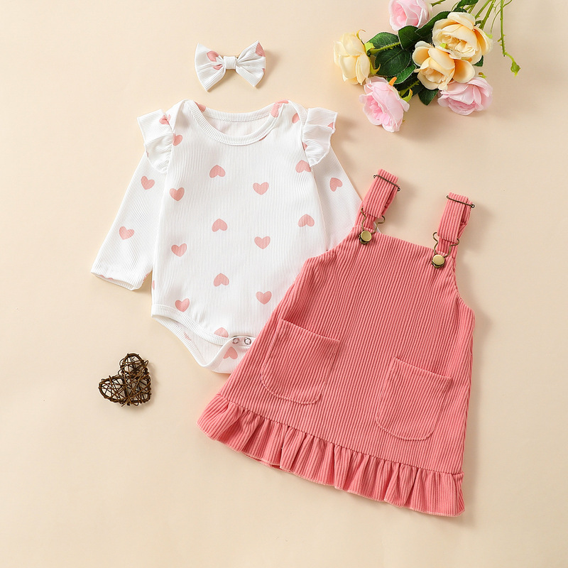 Cross-border Baby Girl's Cute suit Love Printed Flying Sleeve Hare Clothes Halter Skirt Head Rope Three-piece Set