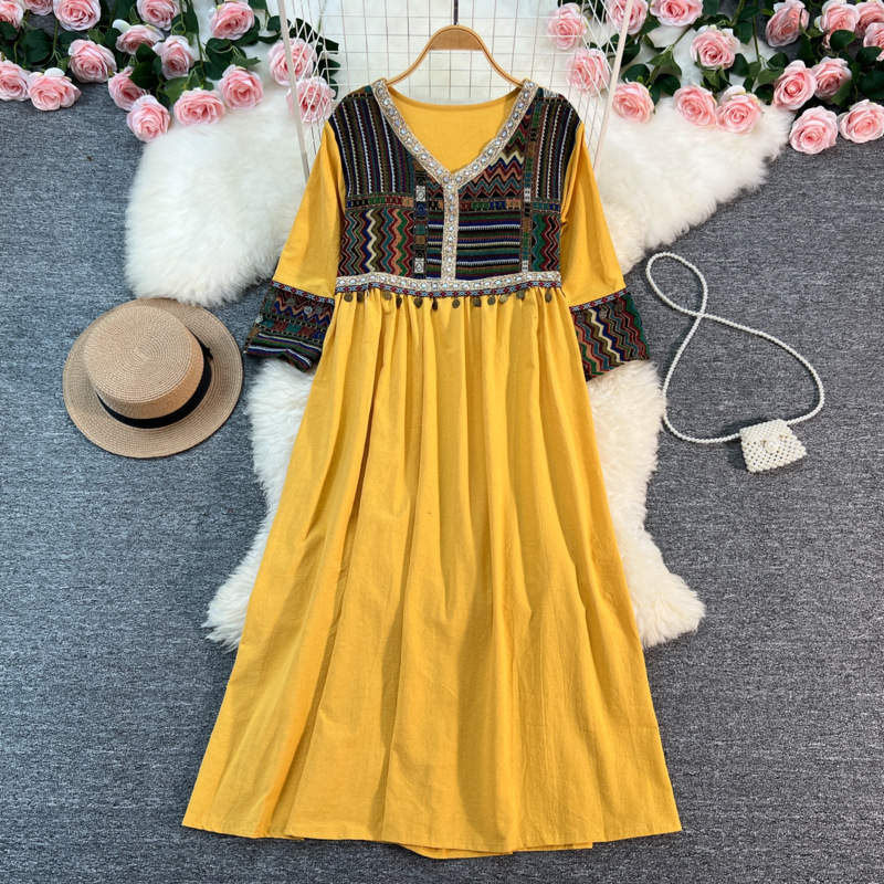 F6269 670K VÁY ĐẦM LIỀN THÂN NỮ SHETDT PHỤC CỔ CỔ ĐIỂN THÊU HỌA TIẾT HOA THỜI TRANG NỮ ĐỒ ĐI BIỂN VÁY MAXI G02 SẢN PHẨM MỚI