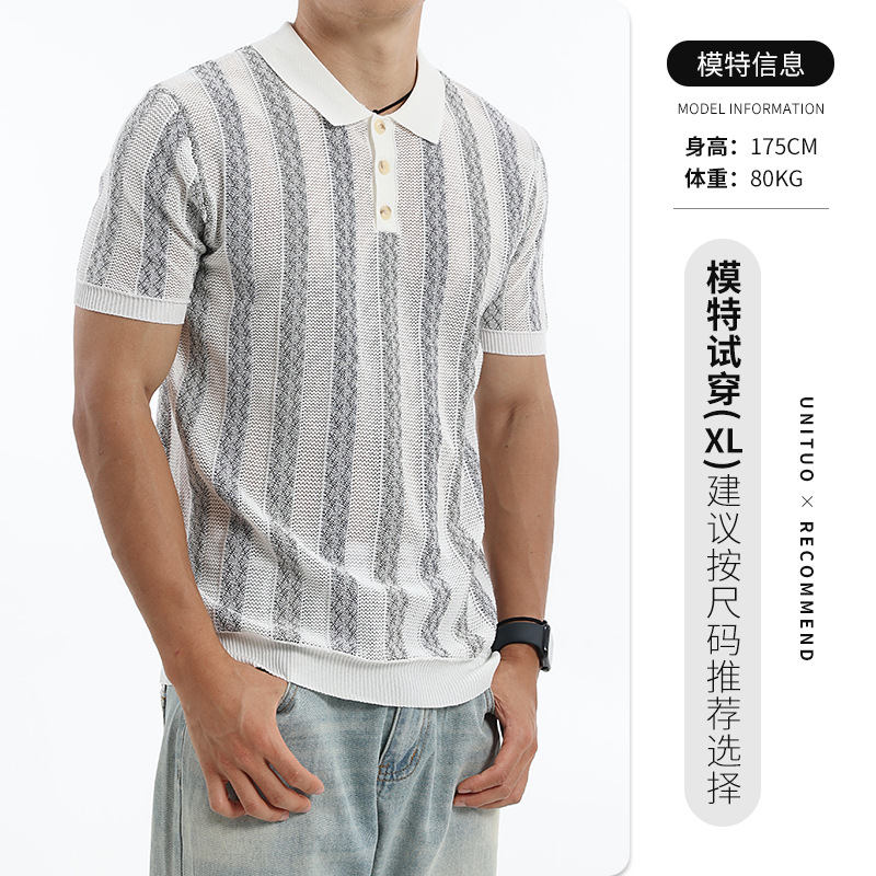 Europa y América hombre hielo de punto camiseta polo de manga corta Jacquard rayas con cuello superior de negocios casual hombre