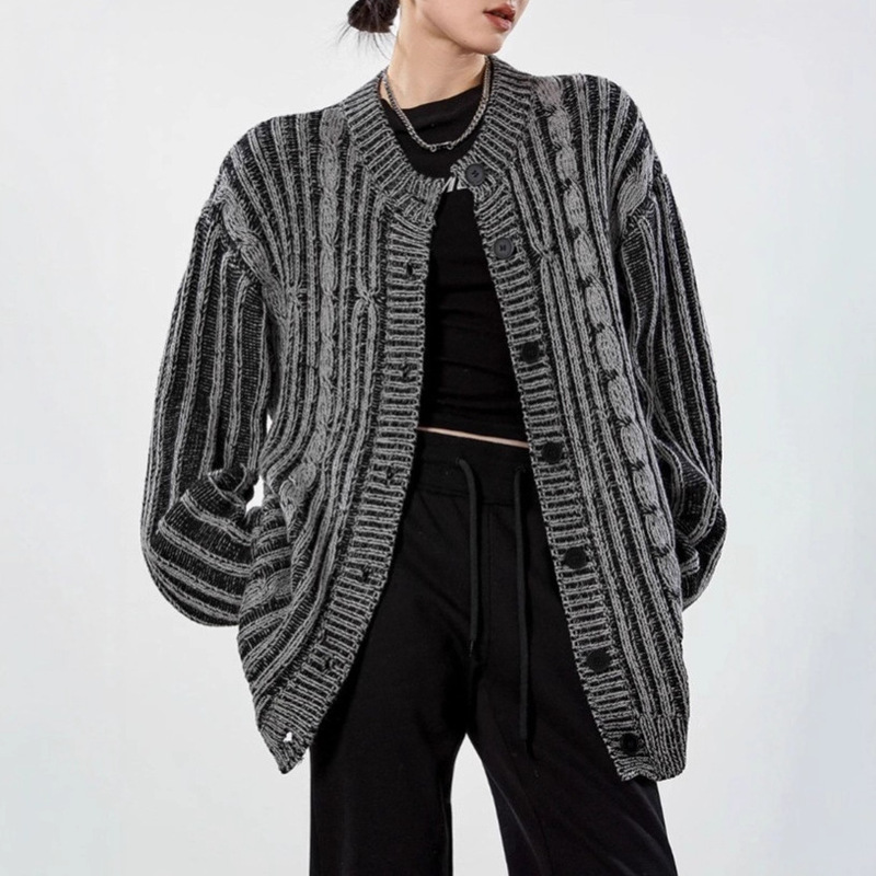 Foreign Trade Cross-Border American Retro Twisted Rope Distressed Design Cardigan Sweater for Men and Women, High Street Imitation Denim for Couples