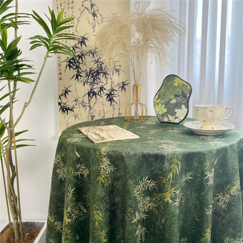 流苏餐桌布长方形茶几圆桌台布涧影竹摇新中式印花桌布古典雅致|undefined