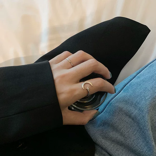 Simple Open-Ended Student Star and Moon Ring Set for Women, Niche Design, Personalized Fashion Fine Band Ring Jewelry