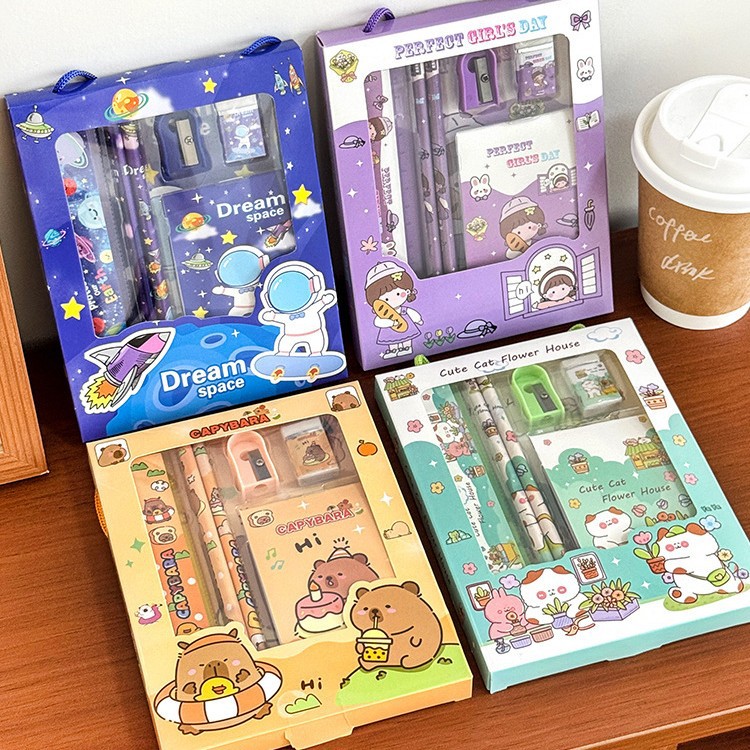 Juego de papelería, caja de regalo portátil de 6 piezas, regalo de Navidad para niños con dibujos animados para el regreso a clases, pequeño regalo para estudiantes de preescolar