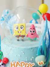 網紅蛋糕裝飾卡通海綿海星章魚螃蟹軟膠玩偶玻璃罩生日蛋糕擺件