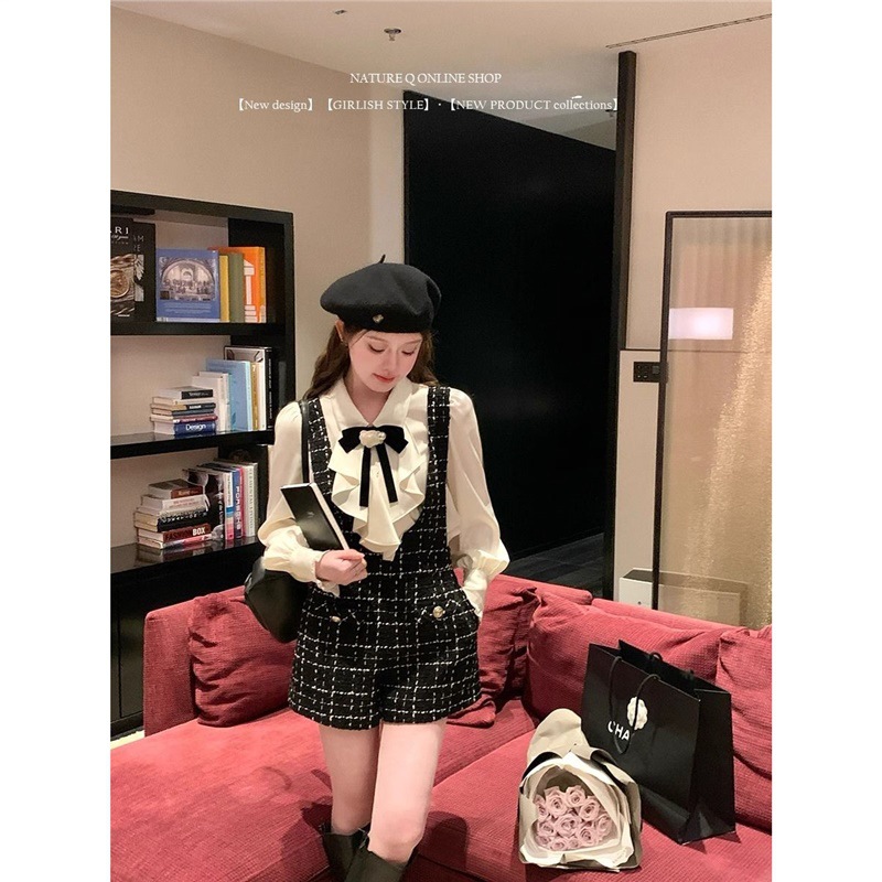 新款气质复古小香风黑白编制格纹背带裤女粗花呢减龄春秋背带短裤