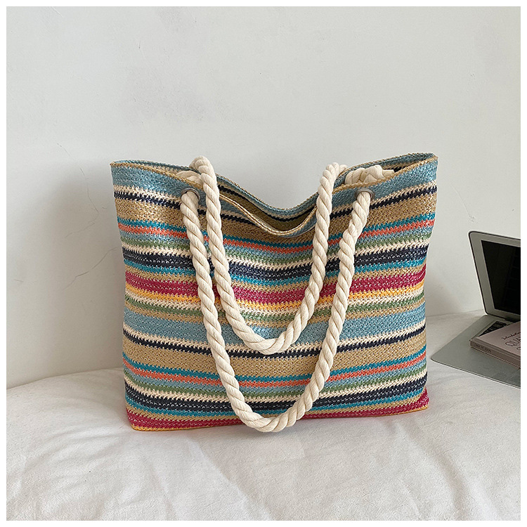 Storage Basket Bag, Rattan Handbag, Woven Shoulder Bag, Handmade Natural Rattan & Seagrass, Leather Trim, Eco-Friendly, Lightweight, Durable For Daily_voghion.com