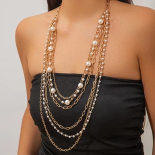 European and American Cross-border Jewelry Cold Wind Pearl Beaded Long Necklace suit Personalized Hot Girl Metallic Clavicle Chain