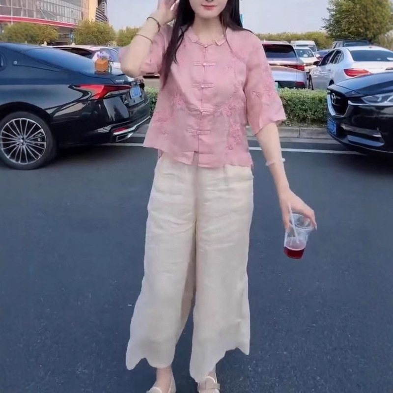 25676 新しい大愛美源 2025 夏の新しい中国風のボタン付きトップルーズワイドレッグパンツ女性用|undefined