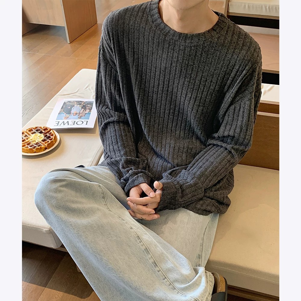 肌理感针织长袖t恤男春秋美式复古潮牌高级感宽松休闲打底衫卫衣