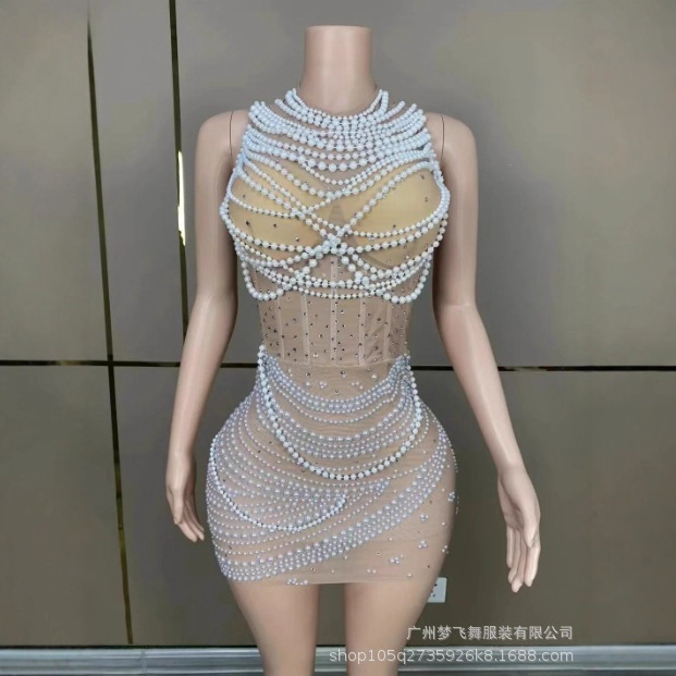 Sexy Transparent Luxury Pearl Chain Mesh Sheath Dress Evening Party Performance Costume Bar Nightclub Singer Dance