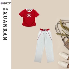 春夏新作 ウエストシェイプ 細見え 半袖スーツ レディース デザイン感のあるドローストリング付きストレートワイドパンツ ツーピースセット エレガントスタイル