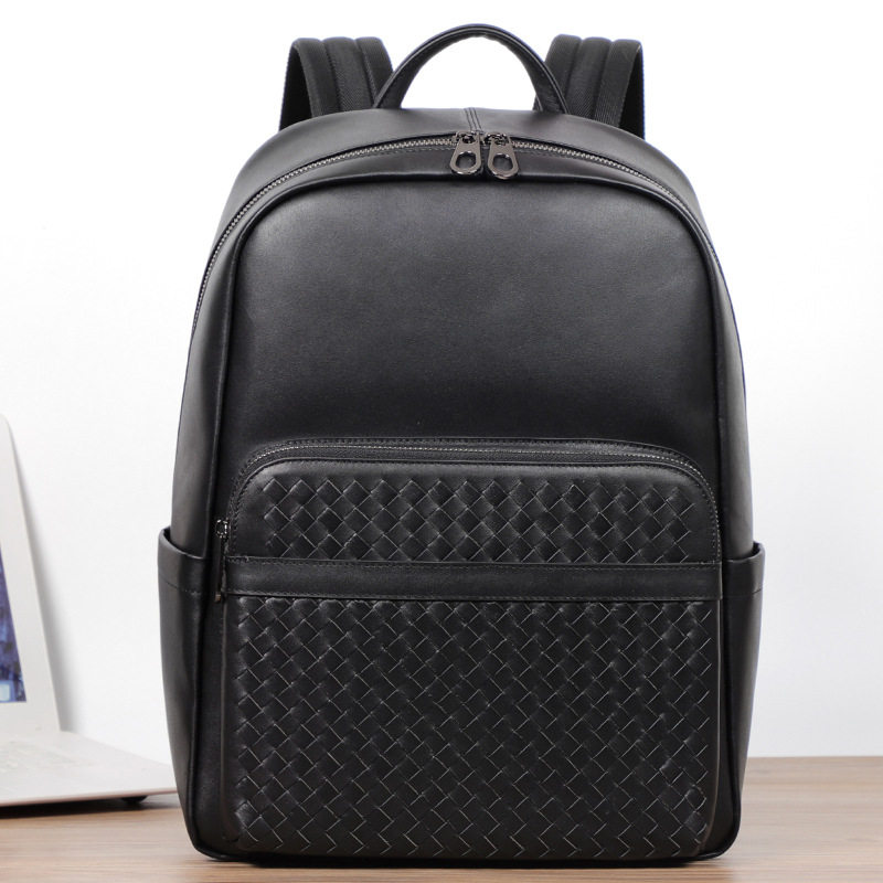 Ba lô da bò thật dệt tay nam, balo đựng laptop 15,6 inch đa chức năng đi làm du lịch — Màu đen