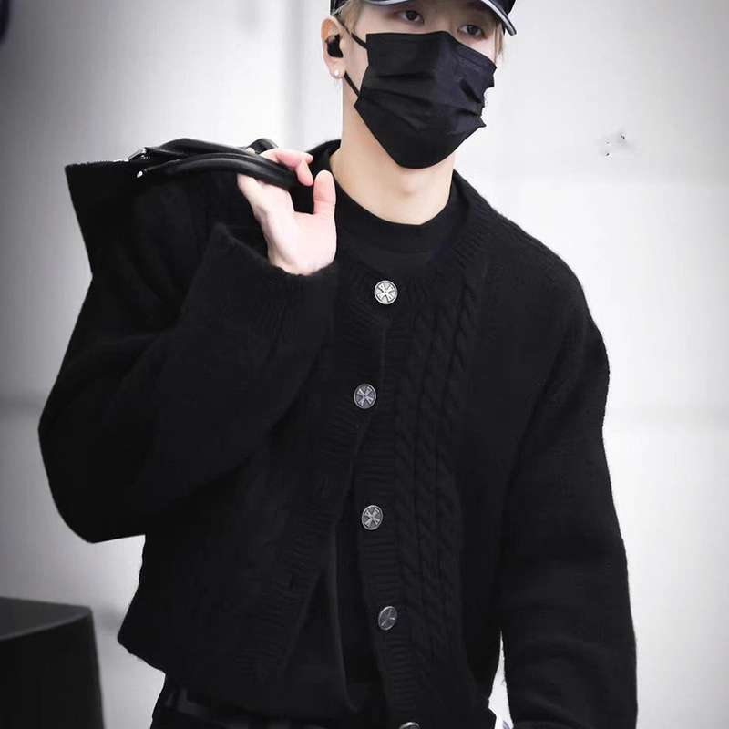 Erd Grjkd Melancholic Rich Second-Generation Ribbed Distressed Single-Breasted Jiaer Same Style Short Knitwear for Men