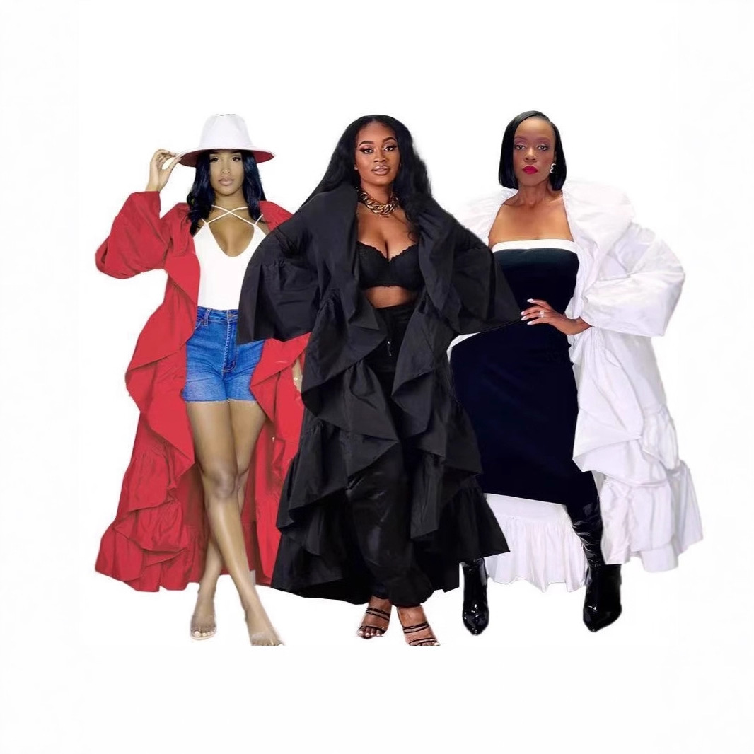 D8744 New Women's Long Windbreaker Cross-Border 2025 Amazon Autumn New Pure Color Ruffled Shawl Jacket