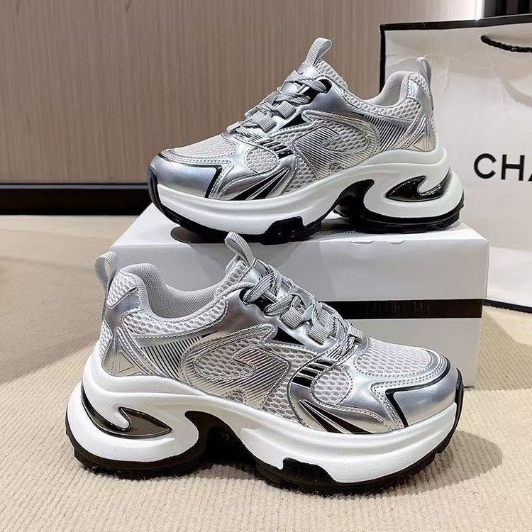 New Comfortable Platform Thick-Soled Mid-Heel Sports Dad Shoes, Korean Style Trendy Outdoor Casual Breathable Mesh Running Shoes