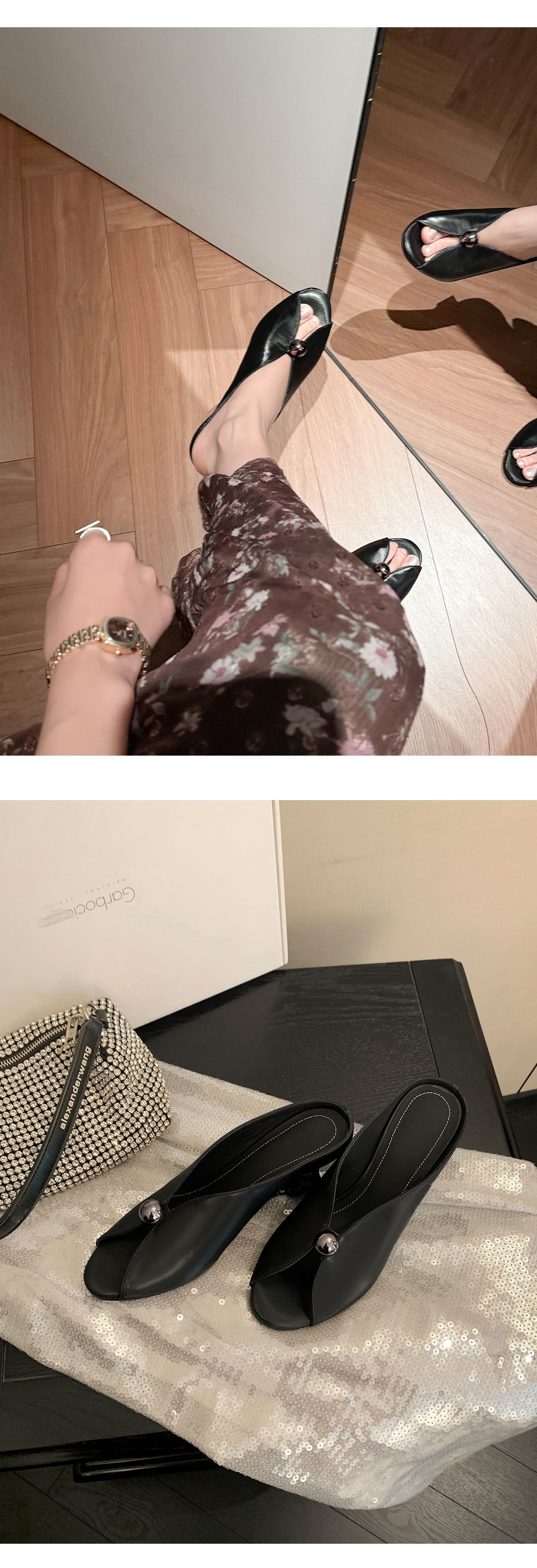 Sandal cao gót nữ hở mũi phong cách Chanel, gót xuồng 7 cm, quai ngang, đi biển hè — màu đen, màu hồng, màu trắng chi tiết 22
