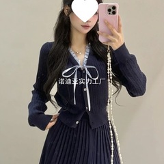 韩系甜美蝴蝶结针织开衫女秋冬季新款学院风显瘦上衣百褶裙两件套